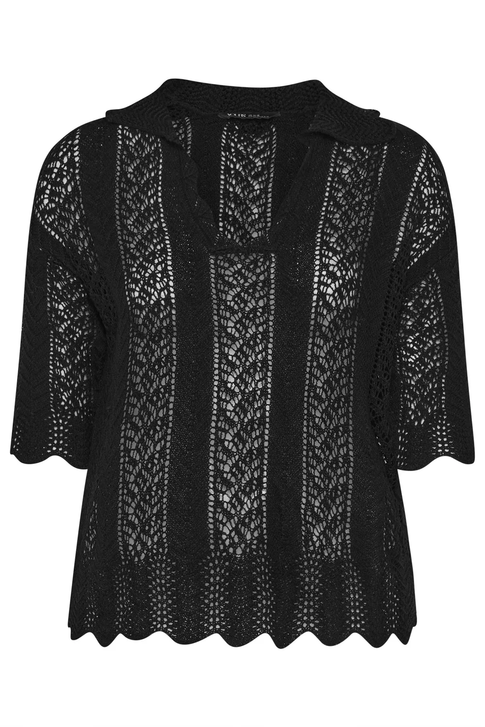 Yours Curve Black Pointelle Knitted Collared Top - 26-28 Image 5