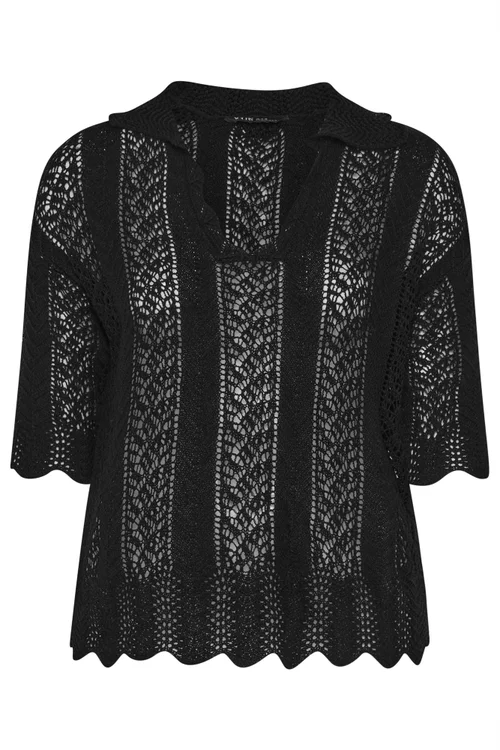 Yours Curve Black Pointelle Knitted Collared Top - 26-28 Image 5