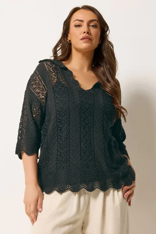 Yours Curve Black Pointelle Knitted Collared Top - 26-28 Image 1