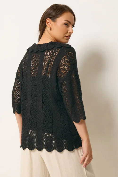 Yours Curve Black Pointelle Knitted Collared Top - 26-28 Image 3