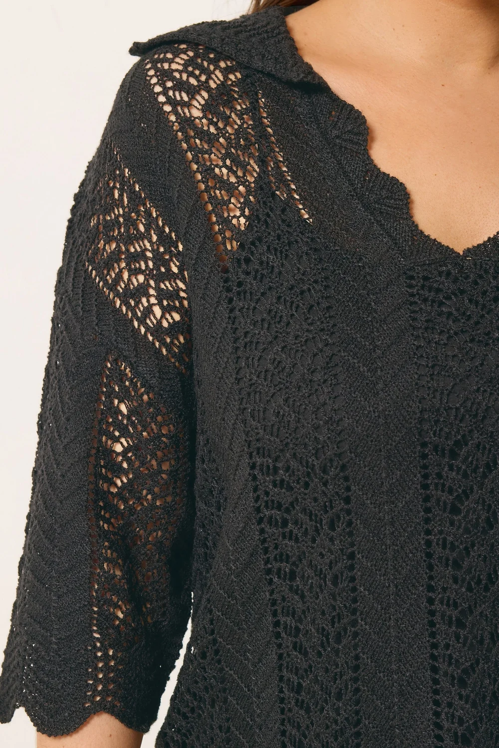 Yours Curve Black Pointelle Knitted Collared Top - 26-28 Image 4