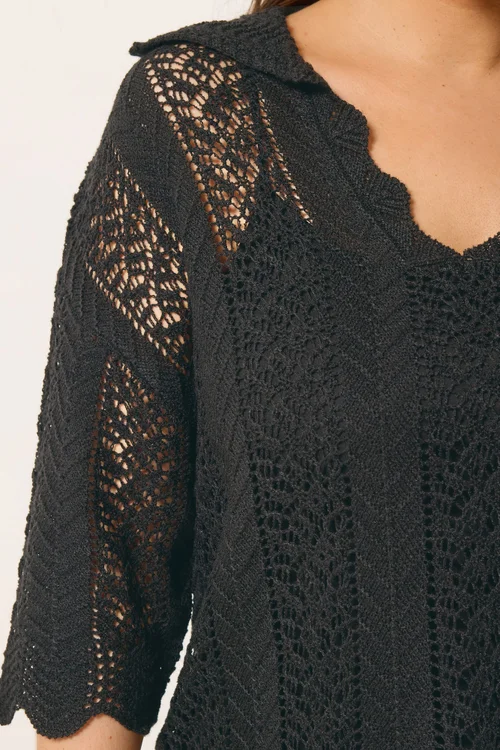 Yours Curve Black Pointelle Knitted Collared Top - 26-28 Image 4