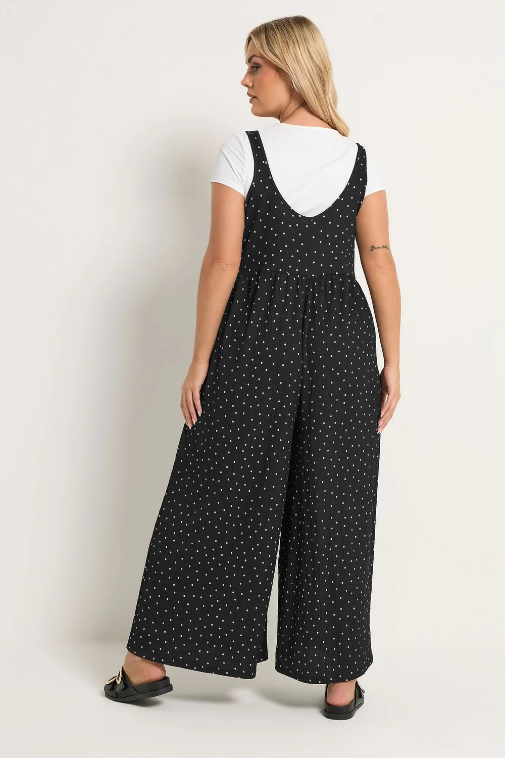 Yours Curve Black Polka Dot Textured Jumpsuit - 30-32 Image 3