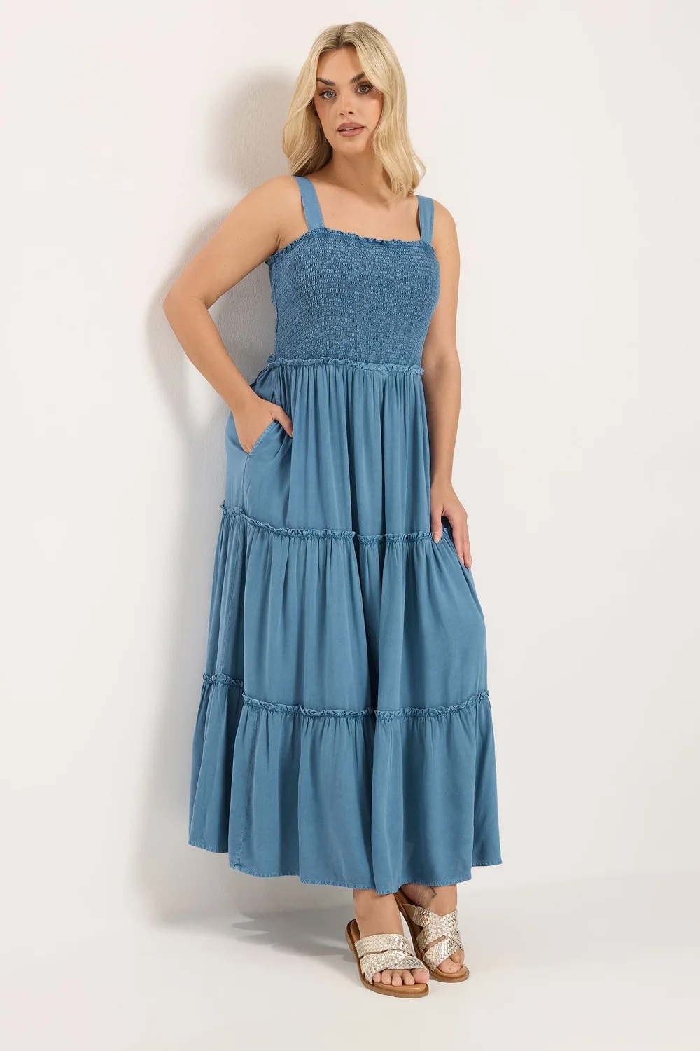 Yours Curve Blue Shirred Strappy Chambray Maxi Dress - 18 Image 1