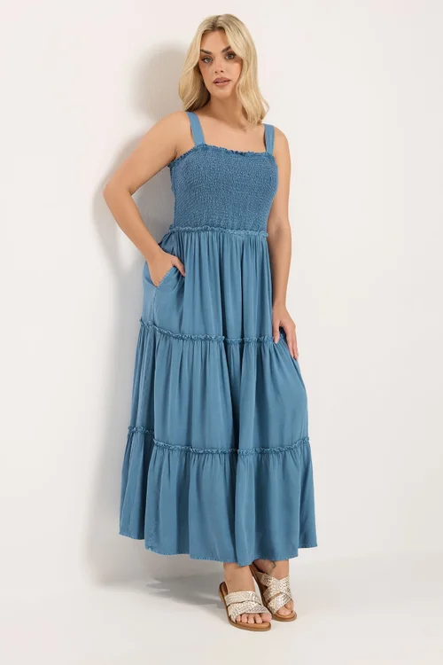 Yours Curve Blue Shirred Strappy Chambray Maxi Dress - 18 Image 1