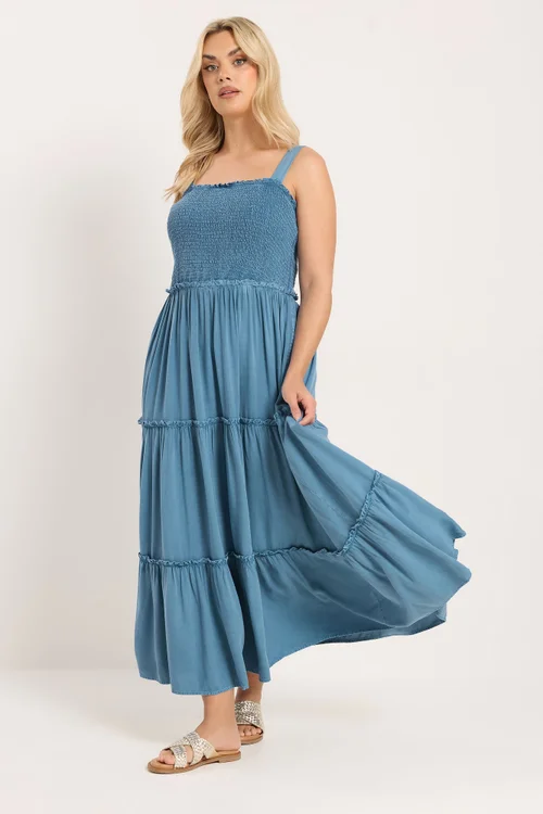 Yours Curve Blue Shirred Strappy Chambray Maxi Dress - 18 Image 3