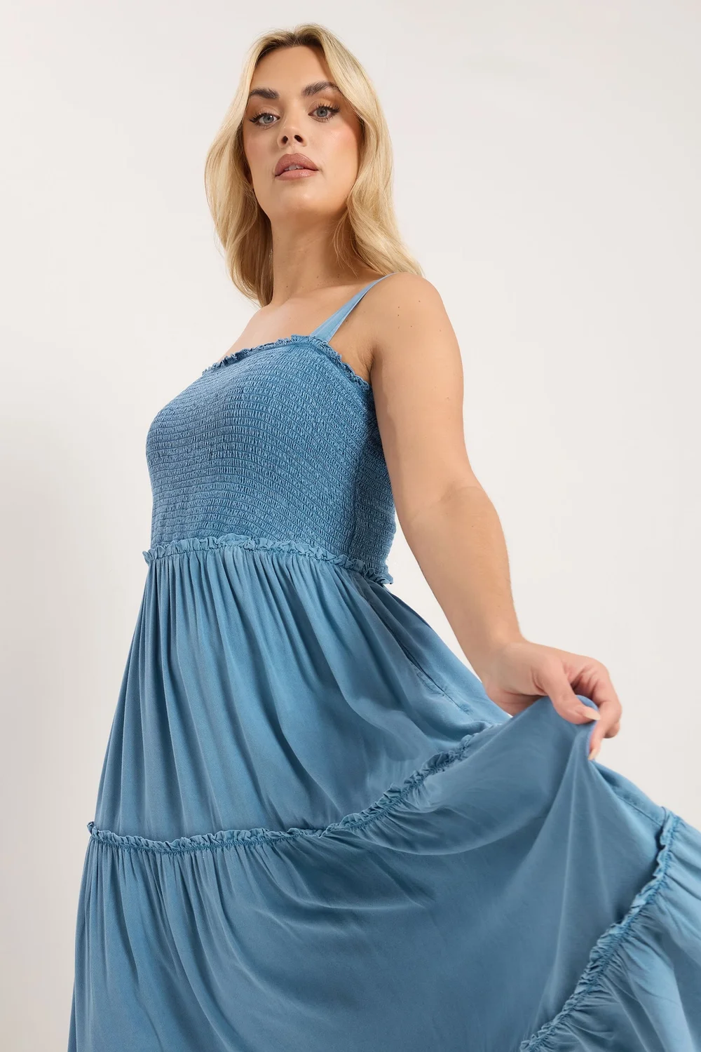 Yours Curve Blue Shirred Strappy Chambray Maxi Dress - 18 Image 2