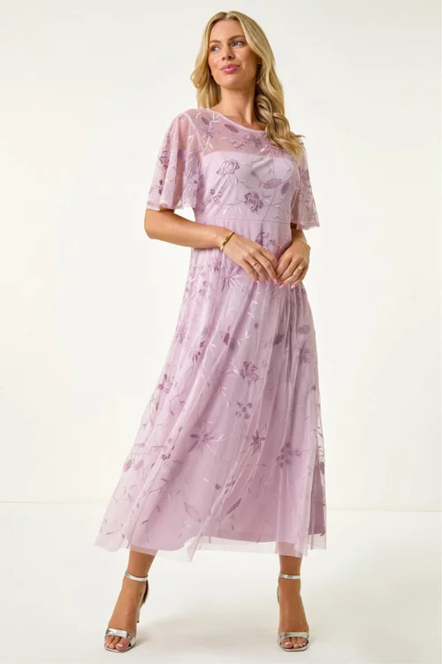 Roman Lavender Petite Embroidered Mesh Midi Dress - 16 Image 2