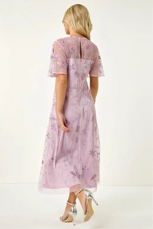Roman Lavender Petite Embroidered Mesh Midi Dress - 16 Image 3