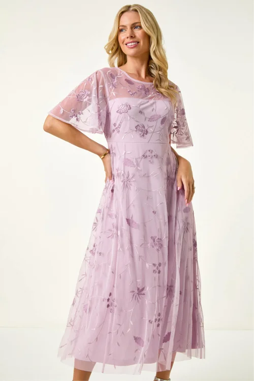 Roman Lavender Petite Embroidered Mesh Midi Dress - 16 Image 1