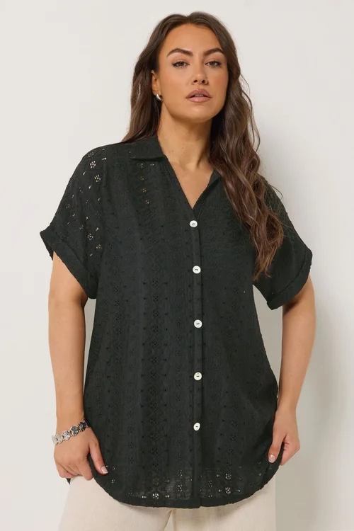 Yours Curve Black Broderie Anglaise Grown On Sleeve Shirt - 26-28 Image 1