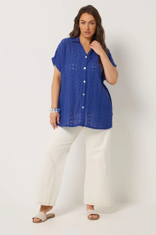 Yours Curve Cobalt Broderie Anglaise Grown On Sleeve Shirt - 22-24 Image 2