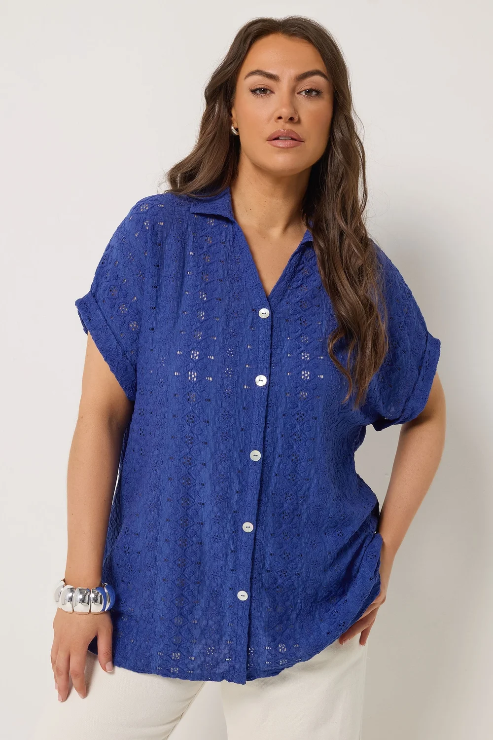 Yours Curve Cobalt Broderie Anglaise Grown On Sleeve Shirt - 22-24 Image 1