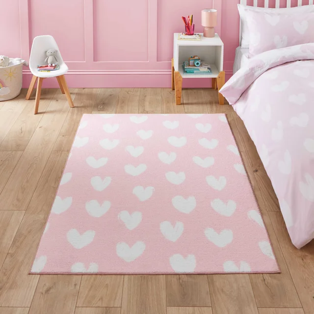 Catherine Lansfield Hearts Pink Washable Rug 80 x 150cm