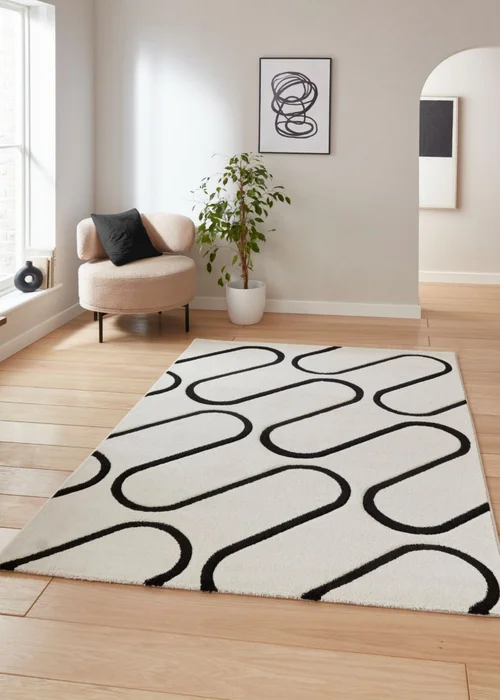 Catherine Lansfield Linear Curve White/Black Rug 80 x 150cm - 80 x 150 Image 1