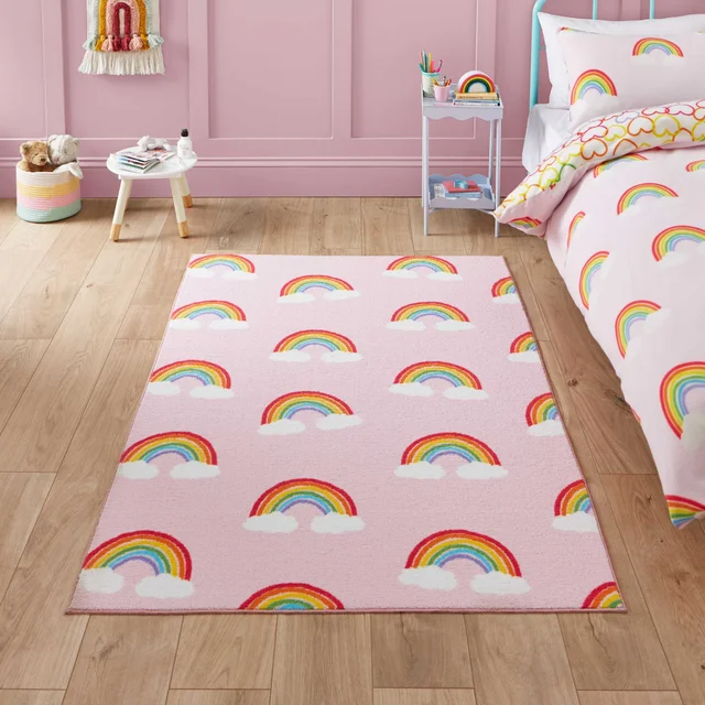Catherine Lansfield Rainbow Hearts Pink Washable Rug 120 x 170cm