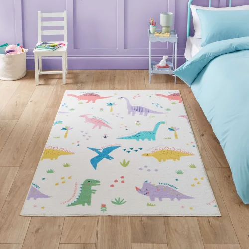 Catherine Lansfield Dinosaur Friends Pink / Blue Washable Rug 80 x 150cm - 80 x 150 Image 1