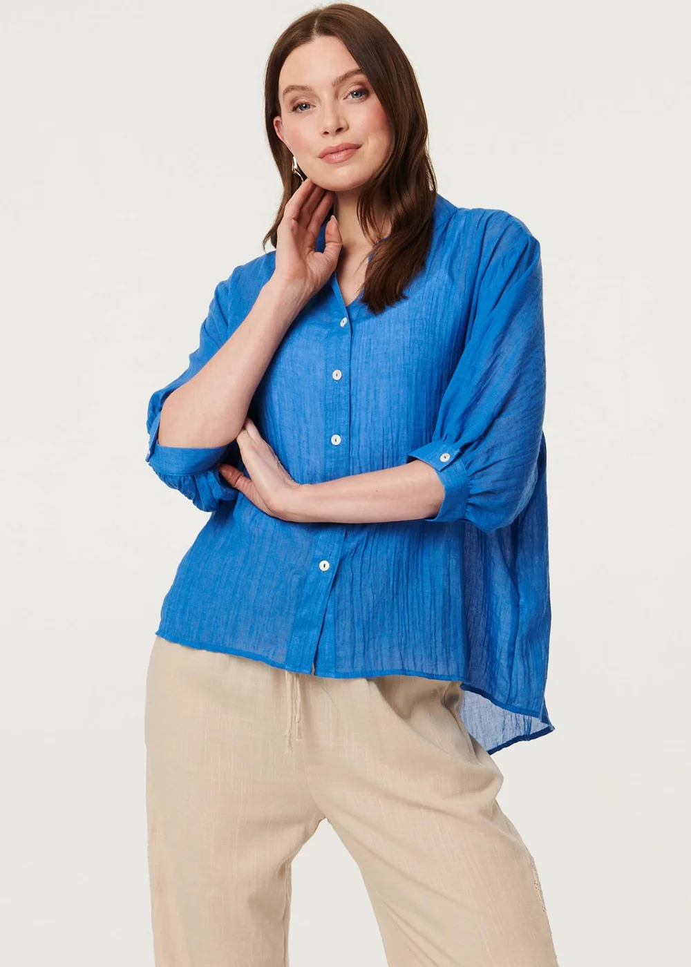 Izabel London Blue Collarless Button Back 3/4 Sleeve Blouse - 14 Image 1