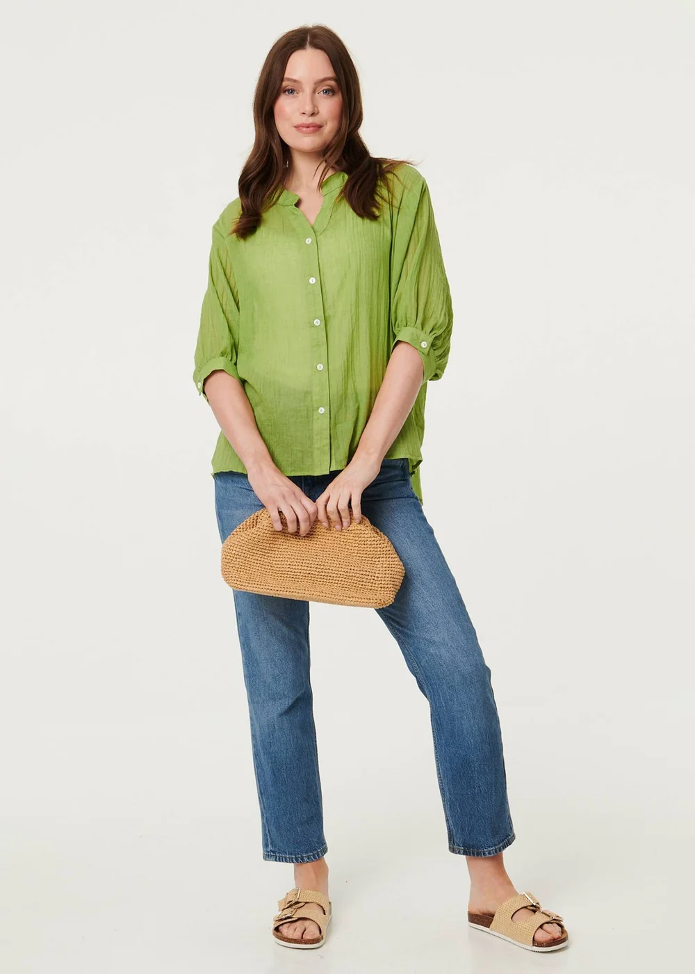 Izabel London Green Collarless Button Back 3/4 Sleeve Blouse - 16 Image 4