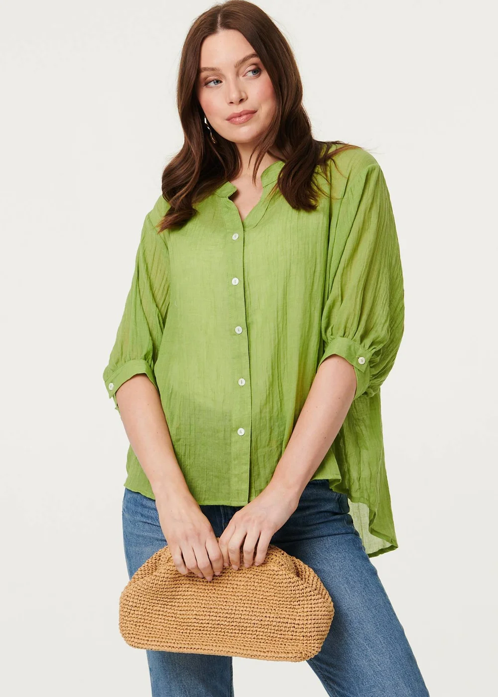 Izabel London Green Collarless Button Back 3/4 Sleeve Blouse - 16 Image 1