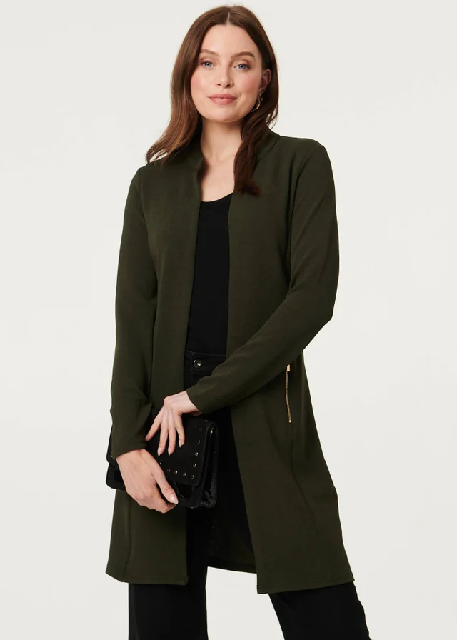 Izabel London Khaki Open Front Longline Coatigan