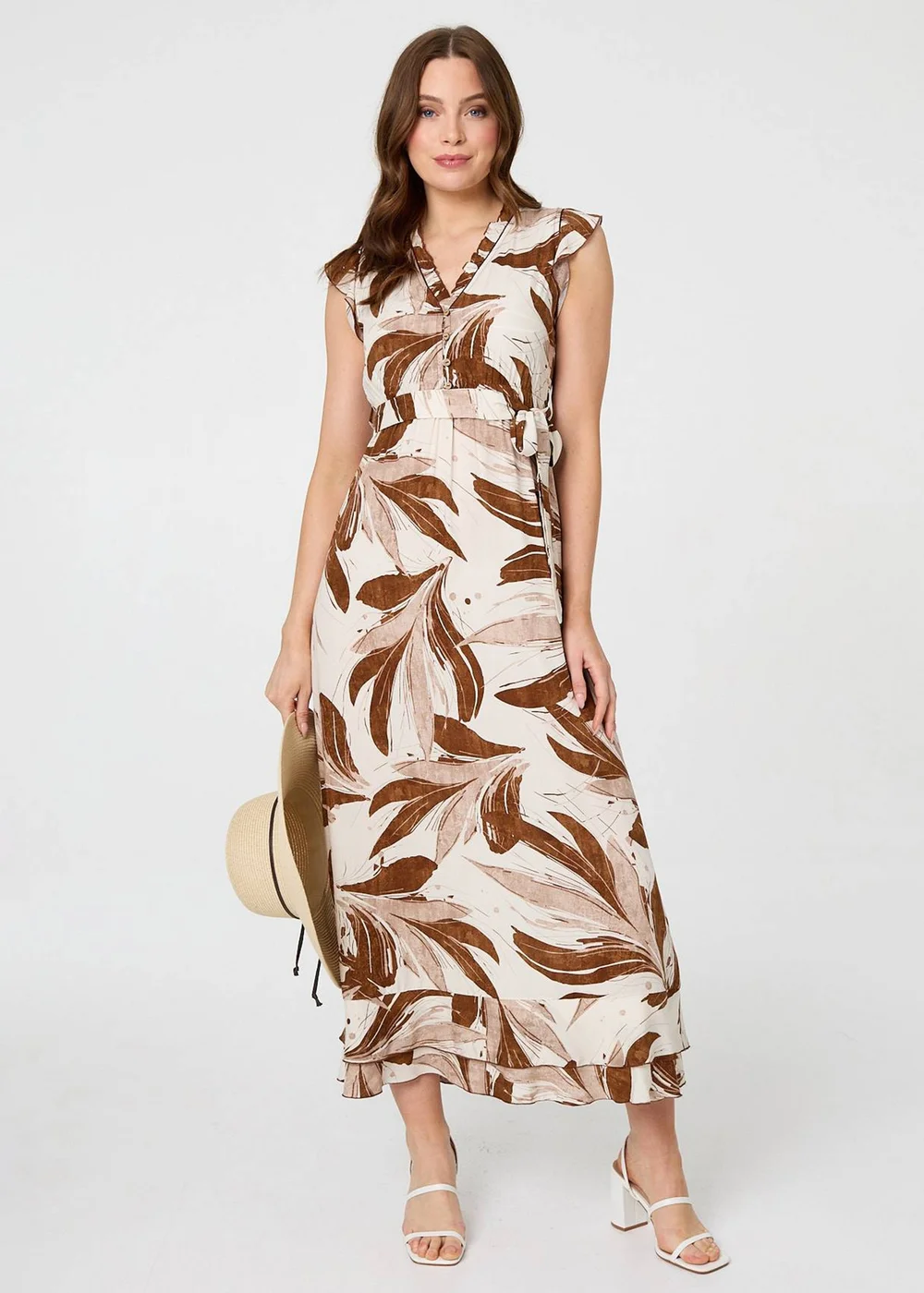 Izabel London Brown Leaf Print Layered Tie Waist Maxi Dress - 16 Image 4