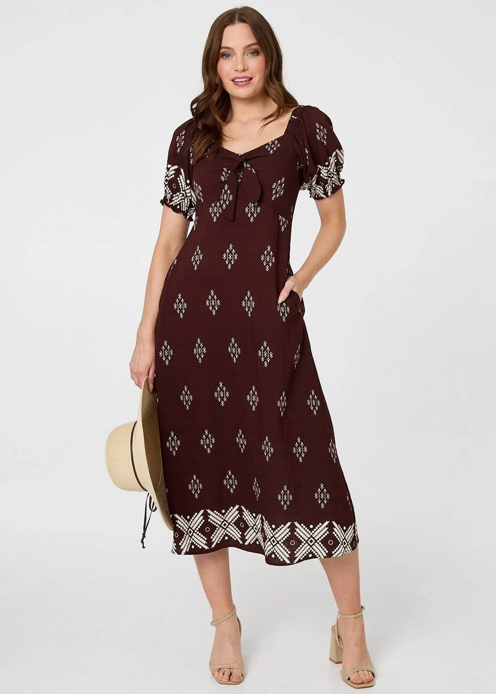 Izabel London Brown Border Print Puff Sleeve Midi Dress - 10 Image 4