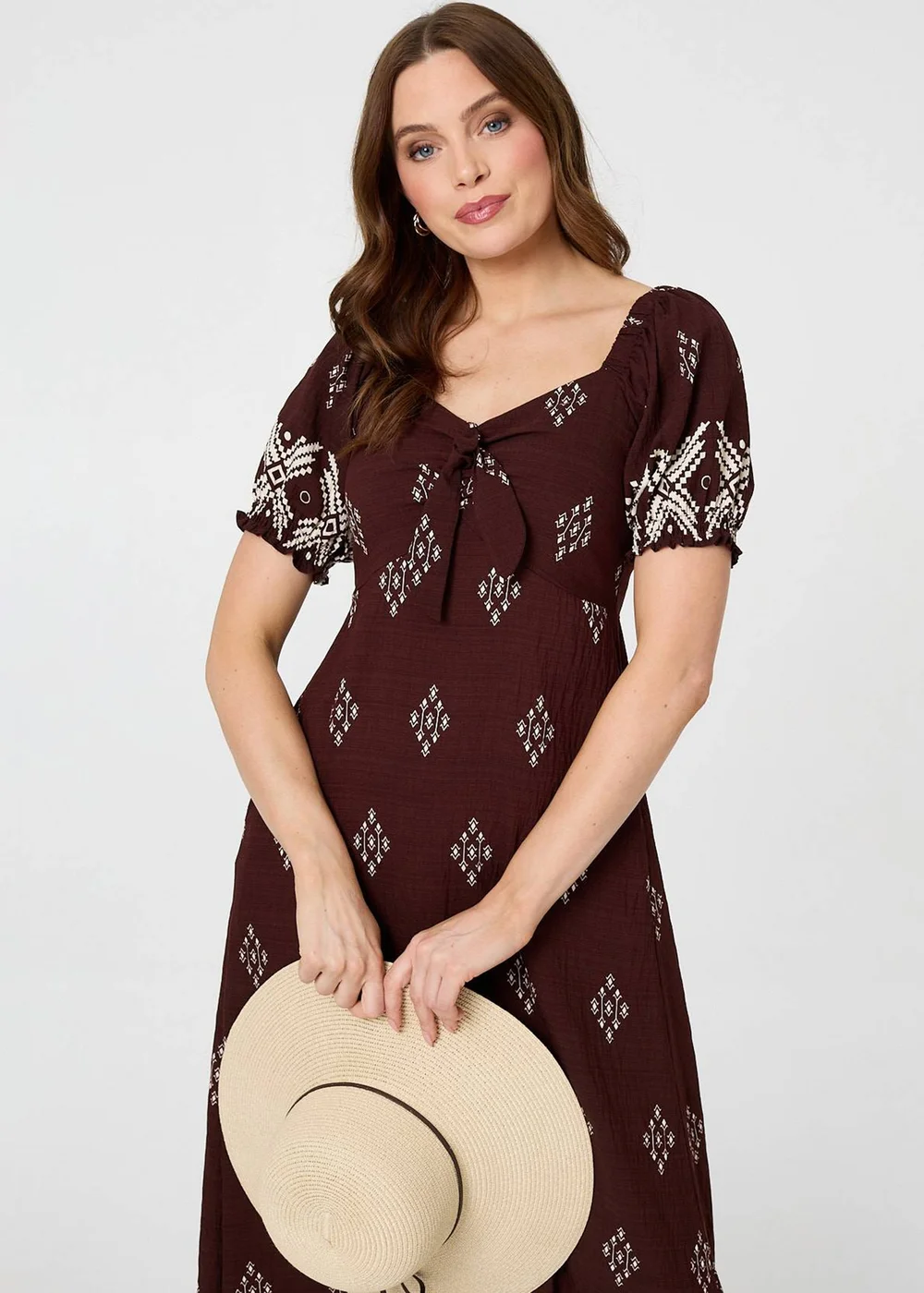 Izabel London Brown Border Print Puff Sleeve Midi Dress - 10 Image 1
