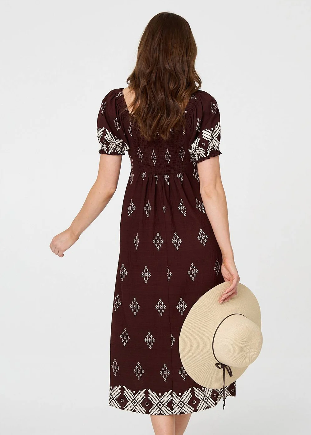 Izabel London Brown Border Print Puff Sleeve Midi Dress - 10 Image 2