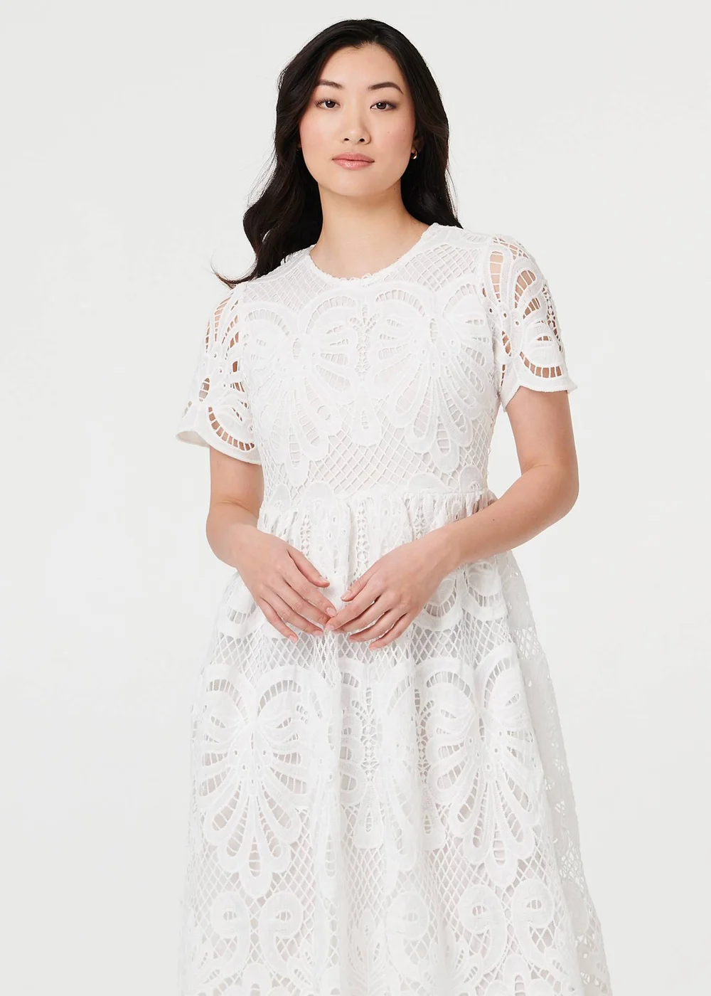 Izabel London White Semi Sheer Lace Layered Midi Dress - 14 | Matalan Izabel London White Semi Sheer Lace Layered Midi Dress - 14 | Matalan