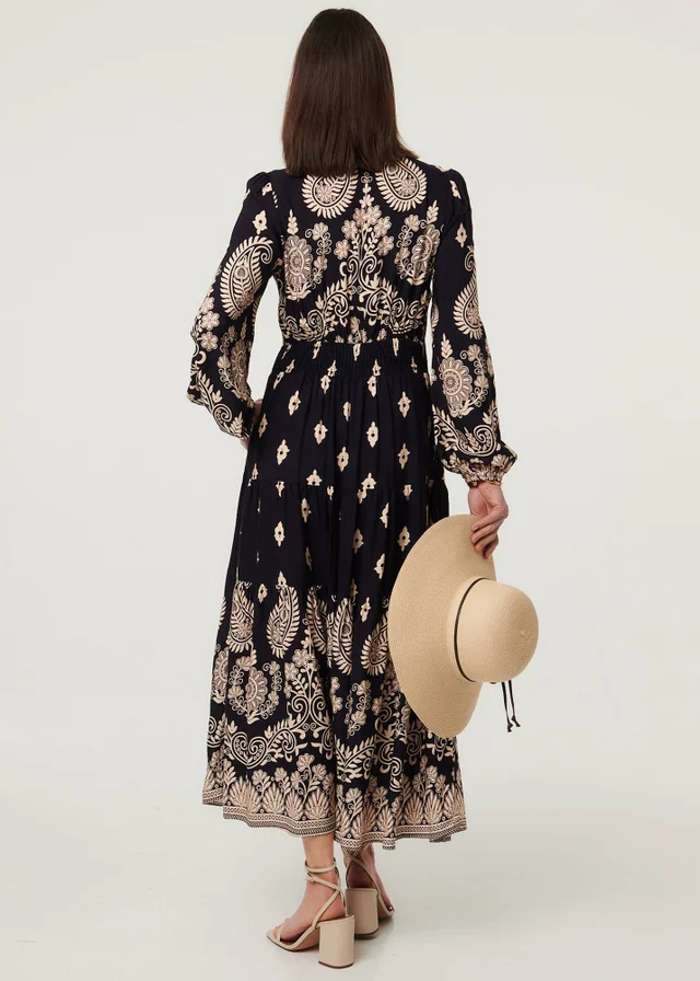 Izabel London Navy Paisley Print Long Sleeve Midi Dress