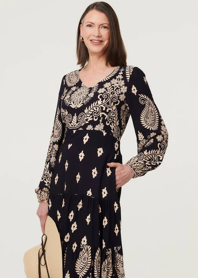 Izabel London Navy Paisley Print Long Sleeve Midi Dress
