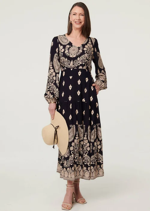Izabel London Navy Paisley Print Long Sleeve Midi Dress - 10 Image 4