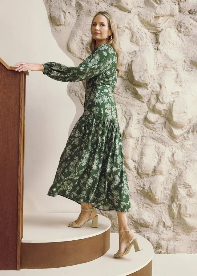 Izabel London Green Floral Long Sleeve Tie Neck Maxi Dress