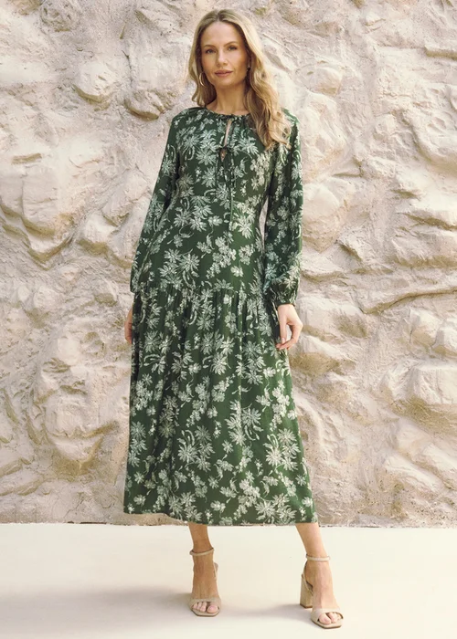 Izabel London Green Floral Long Sleeve Tie Neck Maxi Dress - 14 Image 1