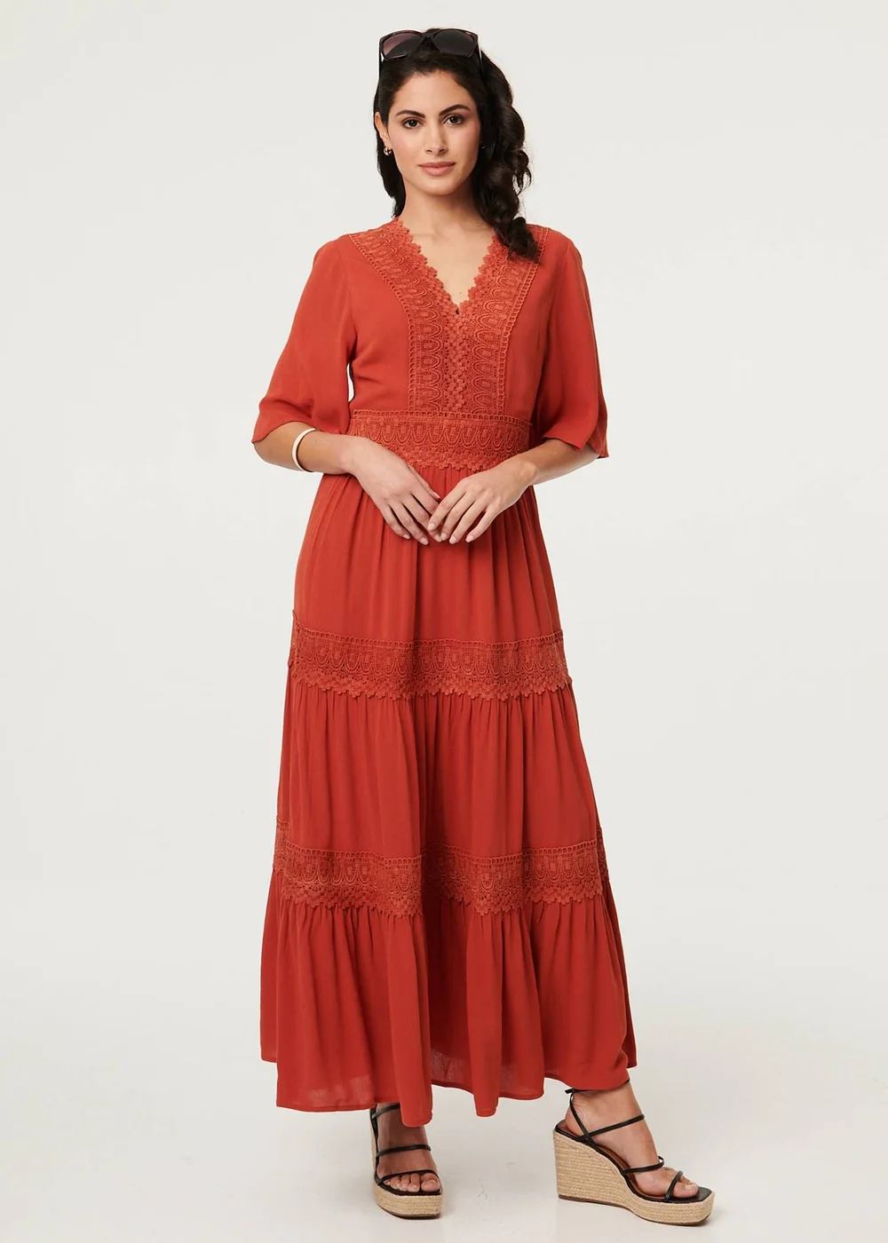 Izabel London Orange Lace Trim Tiered 1/2 Sleeve Maxi Dress - 10 Image 4