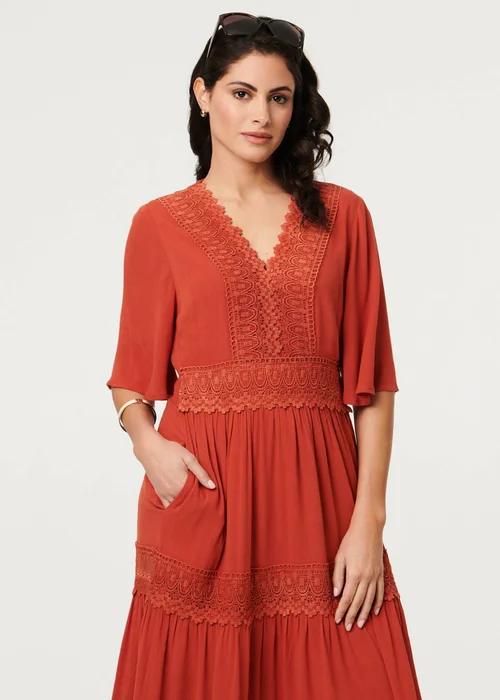Izabel London Orange Lace Trim Tiered 1/2 Sleeve Maxi Dress - 10 Image 1