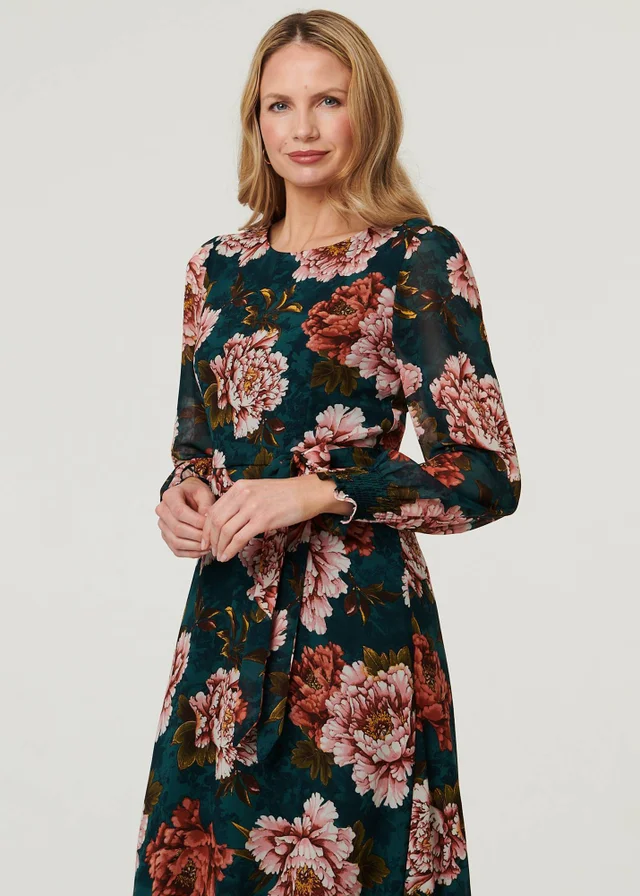Izabel London Green Floral Long Sleeve Layered Maxi Dress