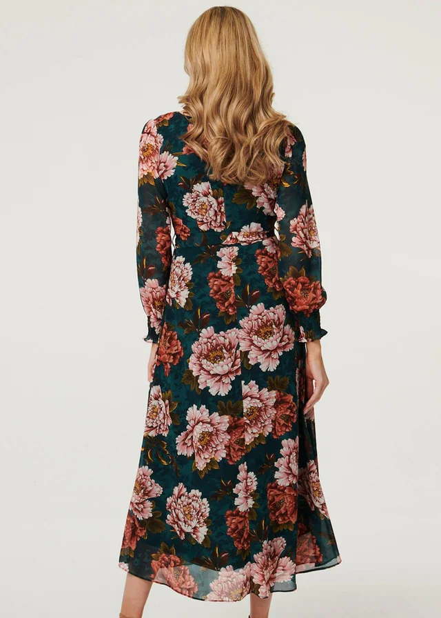 Izabel London Green Floral Long Sleeve Layered Maxi Dress