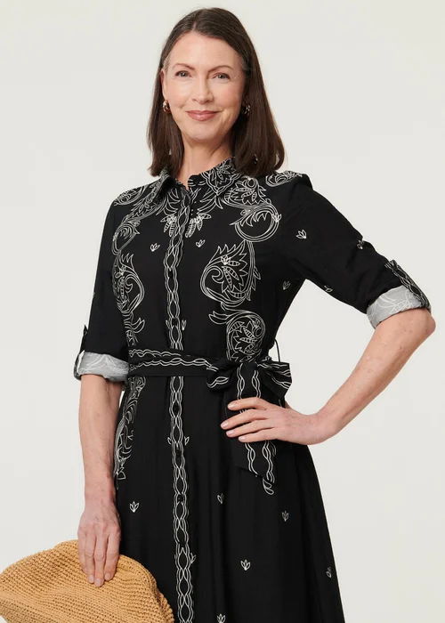 Izabel London Black Border Print Tie Waist Midi Shirt Dress - 12 Image 1