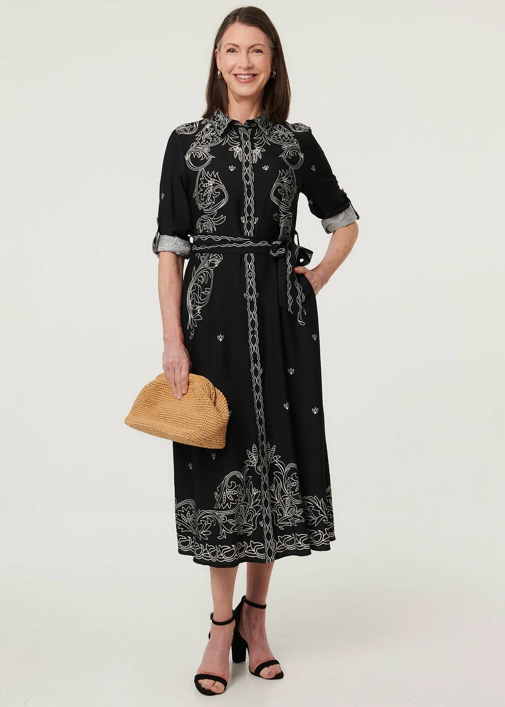 Izabel London Black Border Print Tie Waist Midi Shirt Dress - 12 Image 4