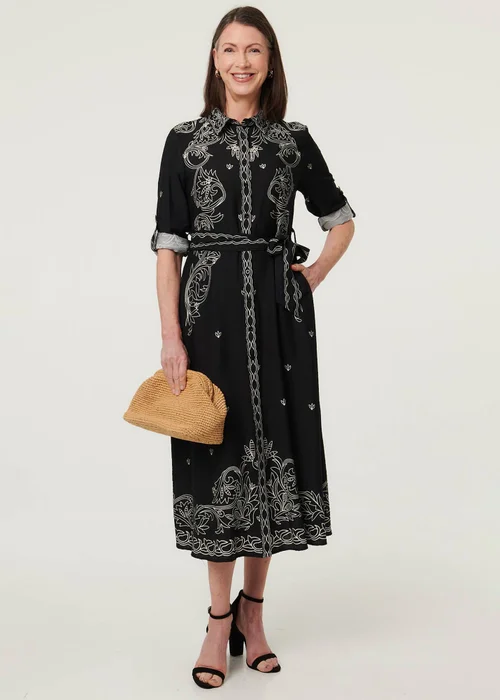 Izabel London Black Border Print Tie Waist Midi Shirt Dress - 12 Image 4