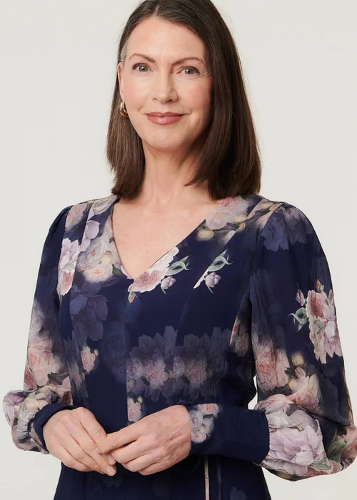 Izabel London Navy Floral Long Balloon Sleeve Midi Dress - 12 Image 3