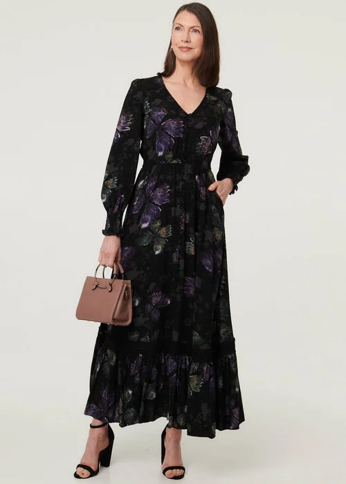 Izabel London Black Floral Tier Long Sleeve Maxi Dress - 14 | Matalan Izabel London Black Floral Tier Long Sleeve Maxi Dress - 14 | Matalan