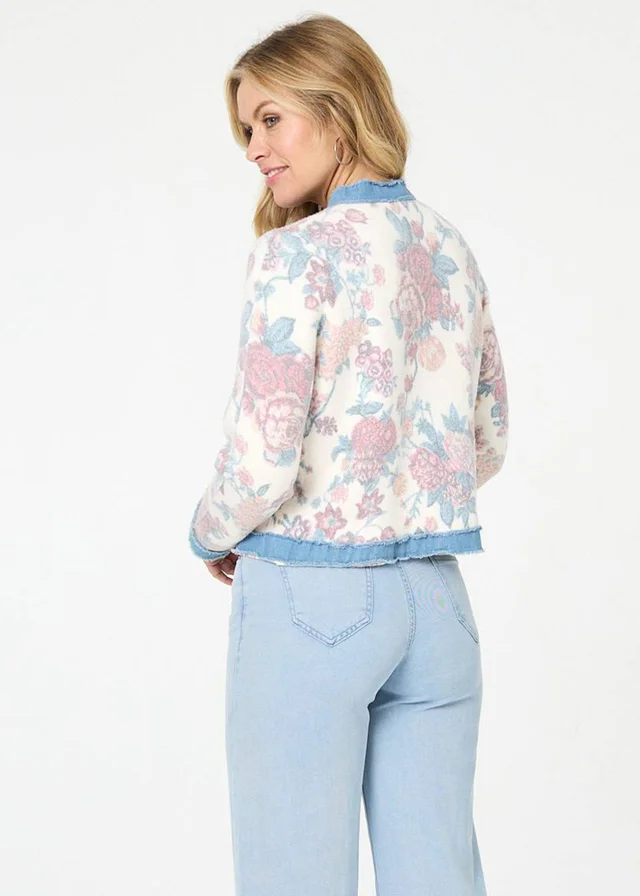 Izabel London White Floral Denim Trim Button Detail Jacket