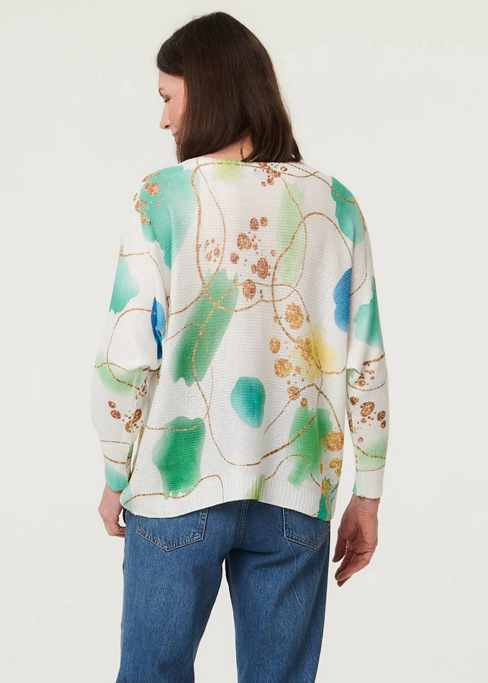 Izabel London Green Printed Textured Mesh Long Sleeve Top - M Image 2