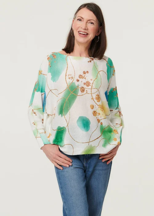 Izabel London Green Printed Textured Mesh Long Sleeve Top - M Image 1