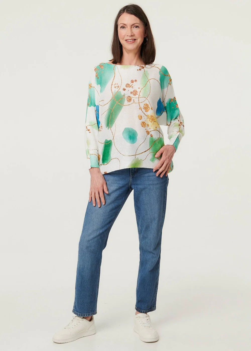 Izabel London Green Printed Textured Mesh Long Sleeve Top - M Image 4
