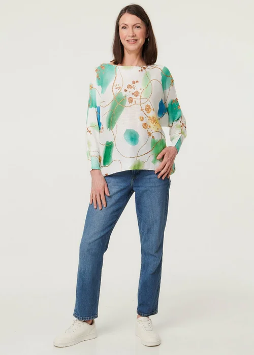 Izabel London Green Printed Textured Mesh Long Sleeve Top - M Image 4