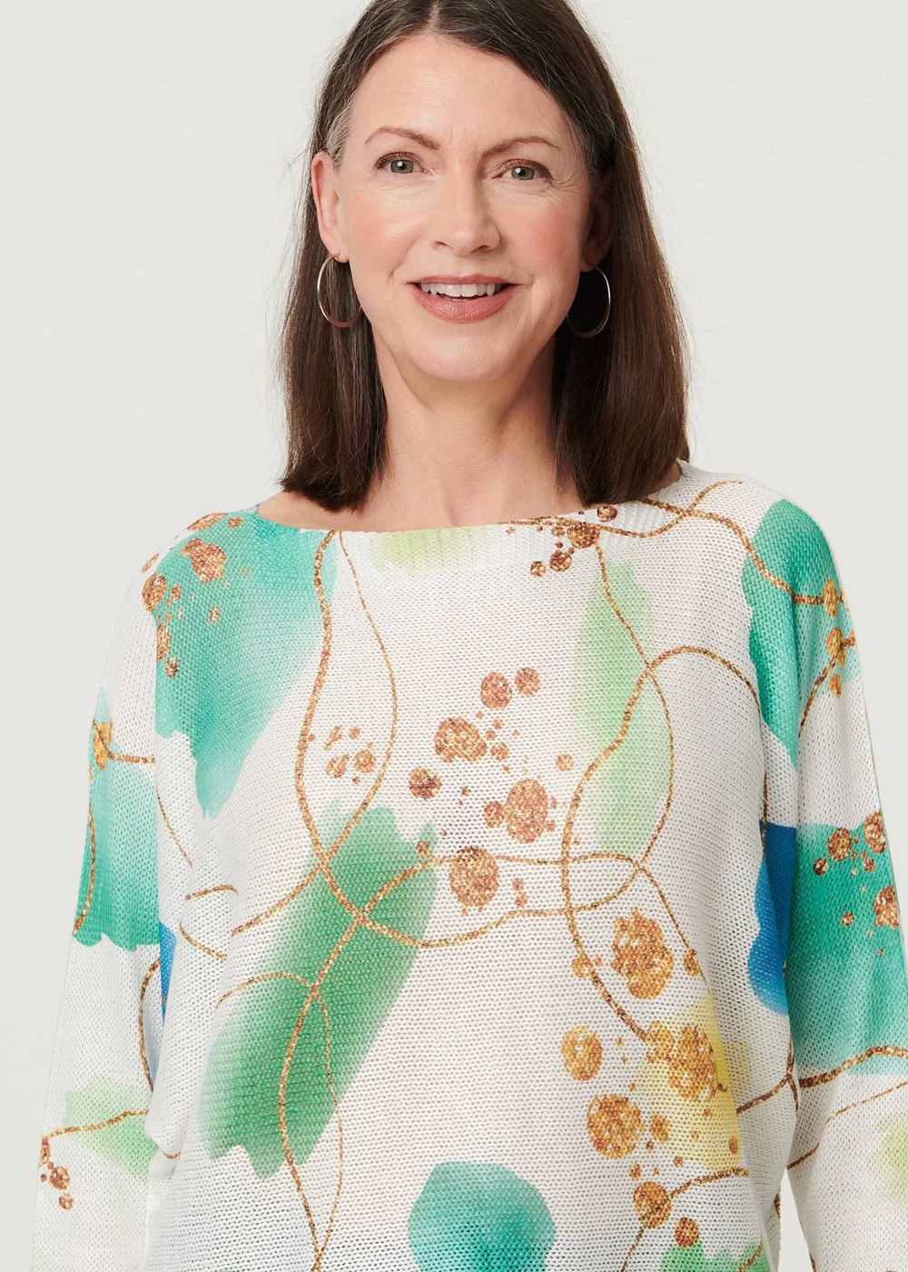 Izabel London Green Printed Textured Mesh Long Sleeve Top - M Image 3